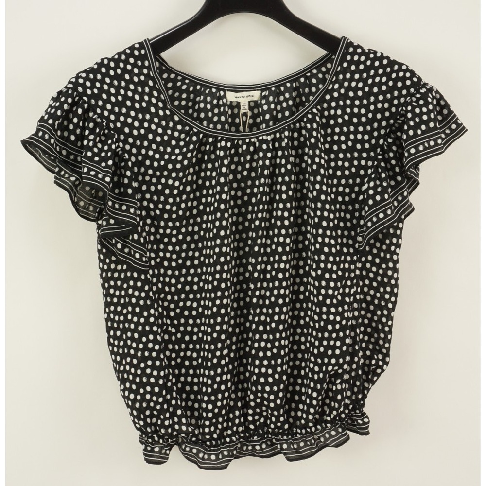New Max Studio Women's Medium Flutter Sleeves Black White Polka Dot Chiffon Top